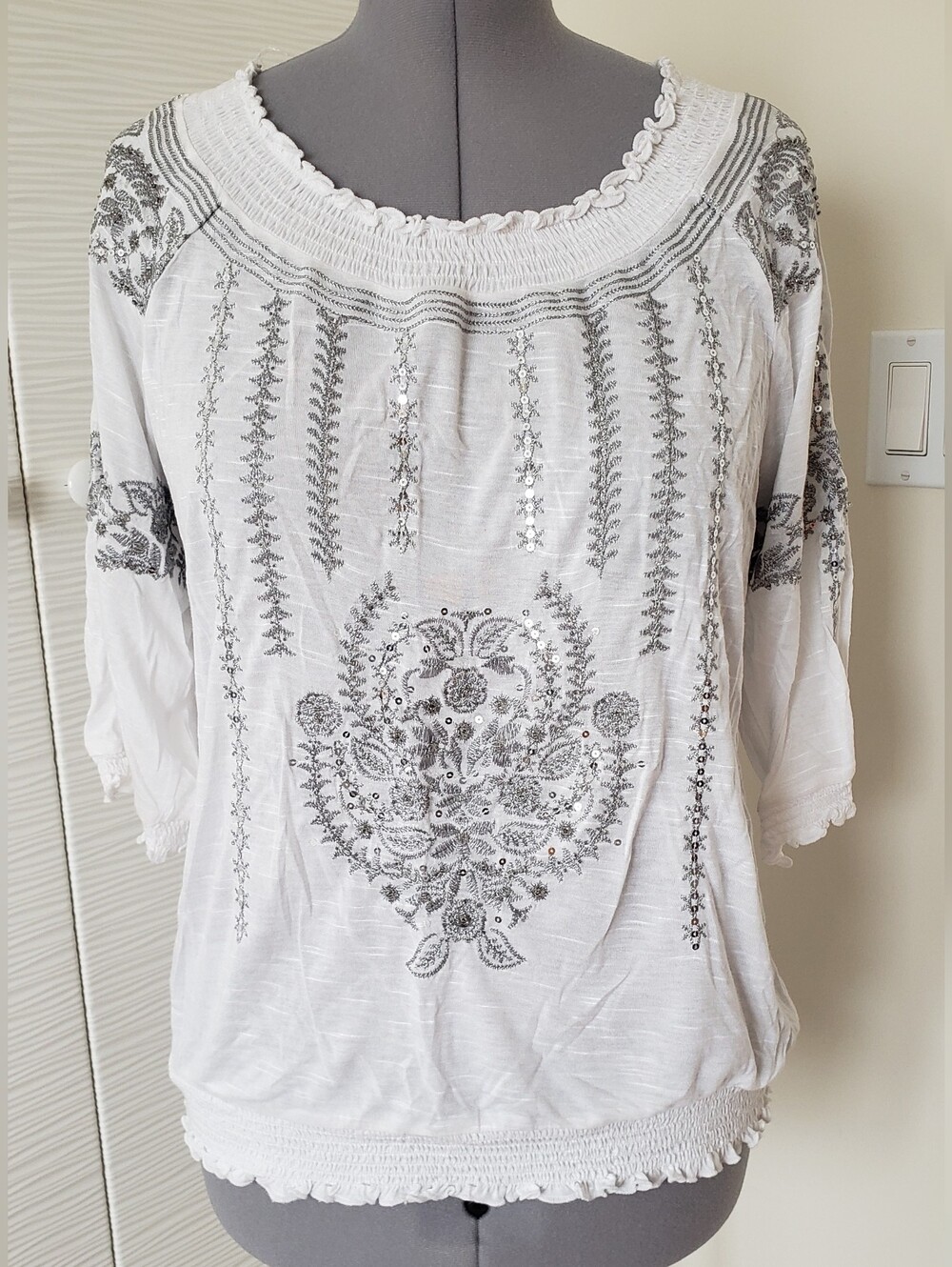 INC International Concepts White Embroidered Scoop-Neck Women's Top Sz.L